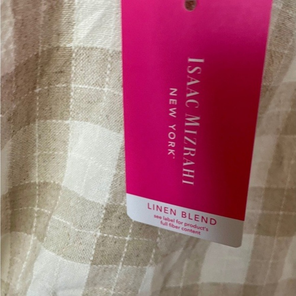 Isaac Mizrahi New linen top check neutral Relaxed‎ Summer blouse Large Tan White - Picture 8 of 9